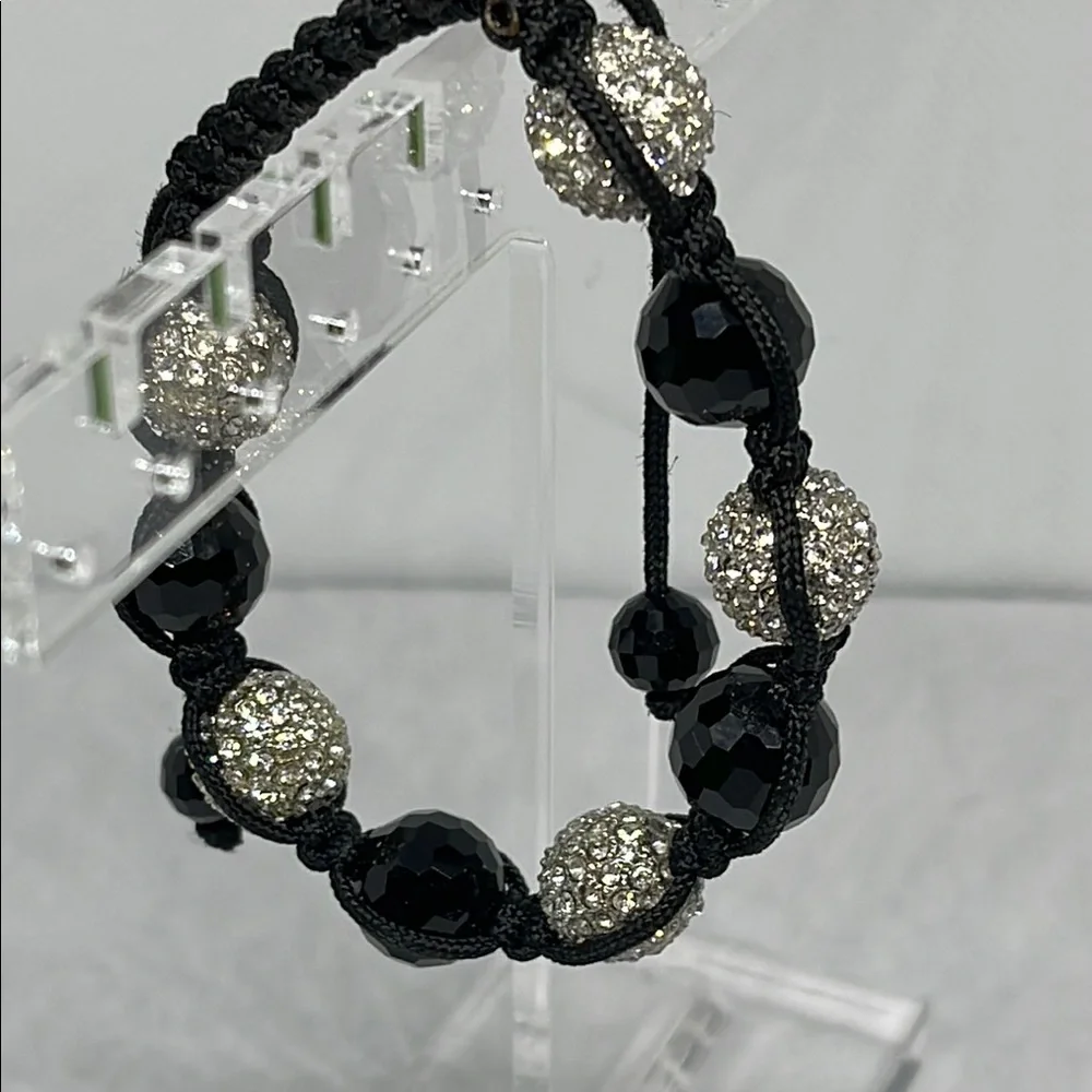 Adjustable Black glass and Silver tone pace rhinestone Beaded Bracelet